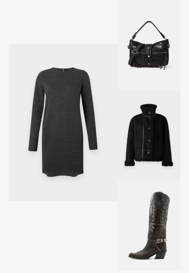 Object Short - Kunstnahast jakk - black; Pikkade käistega hall kleit, mis on valmistatud pehmest kangast, ümmarguse kaelusega ja õrna tekstuuriga, taga on tõmbluku detail.; Mustast nahast kameelisaap kaunistavate lõigetega, hõbedase pandla ja kaldu kannaosaga, valgel taustal.; Even&Odd H24462 - Käekott - black