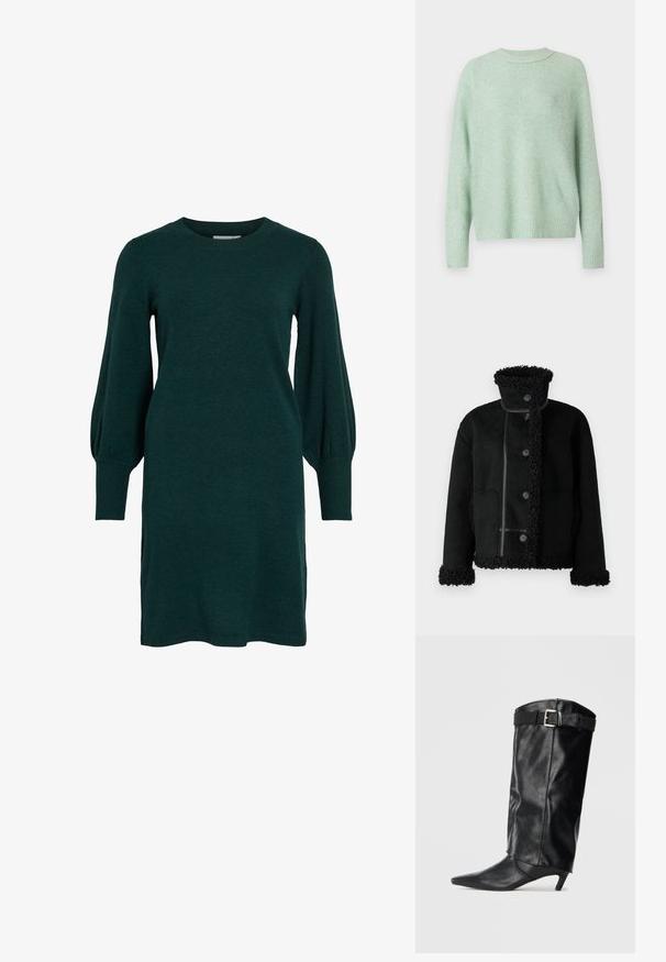 Object Short - Keinonahkatakki - black; American Eagle CLASSIC CREW SHAKER - Neule - turquoise; Vihreä neulemekko pyöreällä pääntiellä, pitkät puffihihat ja ribatut hihansuut. Kangas näyttää pehmeältä ja siinä on sileä tekstuuri.; Mustat, nahkaiset polven yli -saapikkaat, joissa on terävä kärki ja pieni korko. Ylhäällä vyö hopeisella soljella. Tasainen pinta.