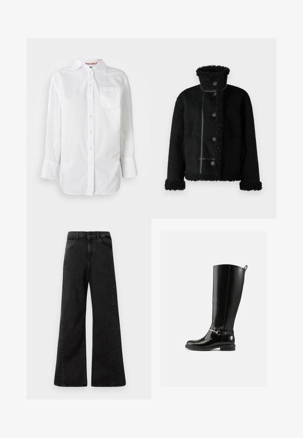 Object Short - Veste en similicuir - black; Chemise blanche à manches longues avec col et poche poitrine, présentée sur un fond uni.; Jean noir taille haute avec une coupe large, comportant des poches avant et une fermeture à boutons à la taille.; Bottes noires montantes en cuir verni, avec un détail de boucle argentée à la cheville et une conception à bout arrondi. Semelle plate.