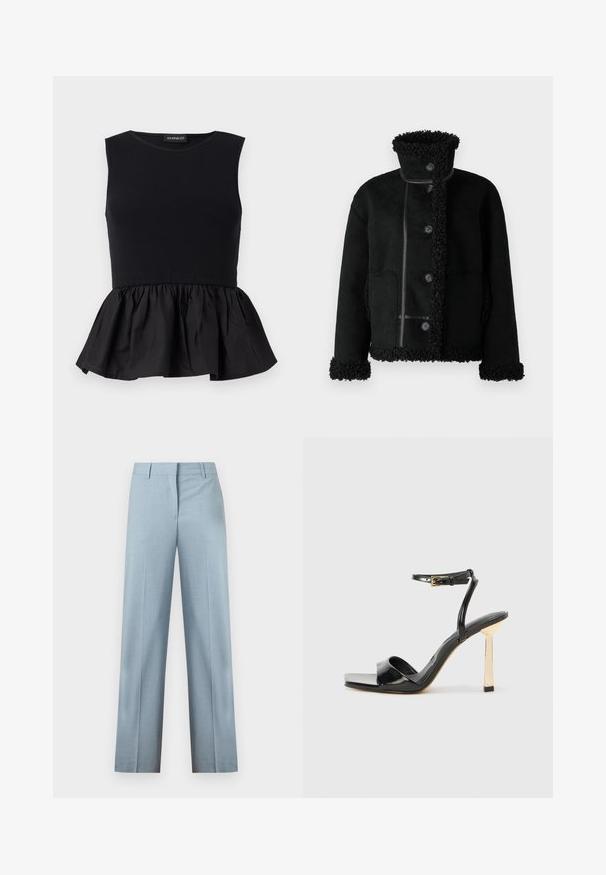 Object Short - Bunda z nepravej kože - black; Čierny bezrúčkový top s rebrovanou hornou časťou a rozšíreným, nariaseným peplum spodkom. Hladká textúra s rovnomernou farbou.; Svetlomodré nohavice na mieru s rovnými nohavicami, pútkami na opasok a skrytým predným zapínaním, zobrazené na bielom pozadí.; ALDO ILLUSTRIOUS - Sandále na vysokom opätku - black