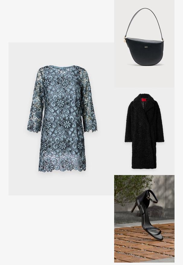 Must kollane teddy coat laiade kraeidega, tekstuursete lokkis kangaga ja nähaoleva punase "HUGO" sildiga kaeluses.; Sinine pitskleit kolmeveerandvarrukatega, lillemustriga, sakilise äärisega ja ümarate kaelustega. Läbipaistev kangas koos tekstuuride kontrastiga.; Mustad kõrge kontsaga sandaal pahkluu rihmaga näib rippuvat puidust plaatide põranda kohal õues, taustal udune rohelus ja kivimüür.; Mustast nahast poolkuukujuline käekott, ühe õlarihmaga ja esiküljel kullavärvi BOSSi logo keskel.