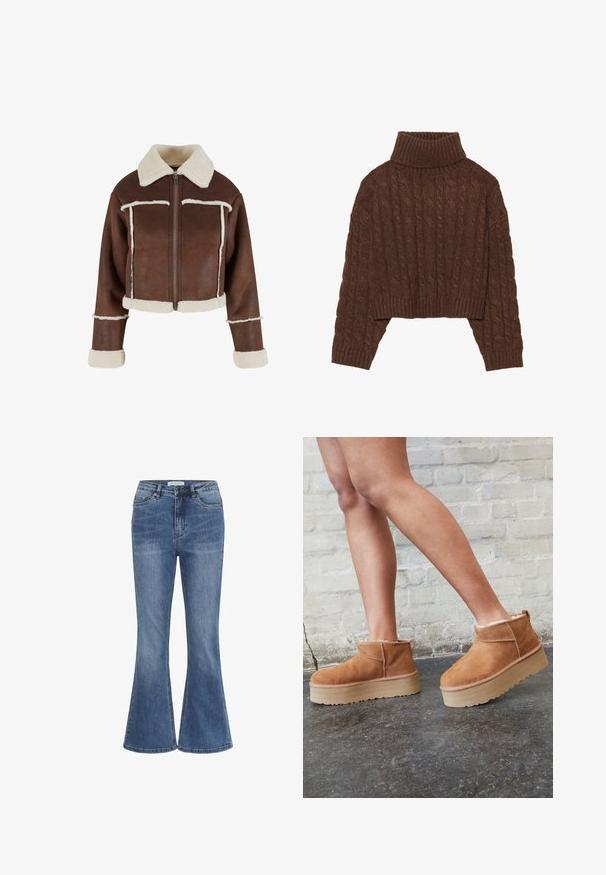 Afskåret brun faux læderjakke med cremet shearlingkrave, lynlås foran og hvide plysforbundne manchetter og kant, prydet med kontraststing.; Brun kabelstrikket cropped sweater med høj turtleneck og lange ærmer, med ribbet kant og struktureret mønster over det hele.; Blå denim jeans med høj talje, frontlukning med knap og lynlås, og let udvidede ben.; Brune ruskinds ankelsko med en blød foring, tyk beige plattformsål og en bageste løkke. Tekstureret overflade med synlige sømdetaljer.
