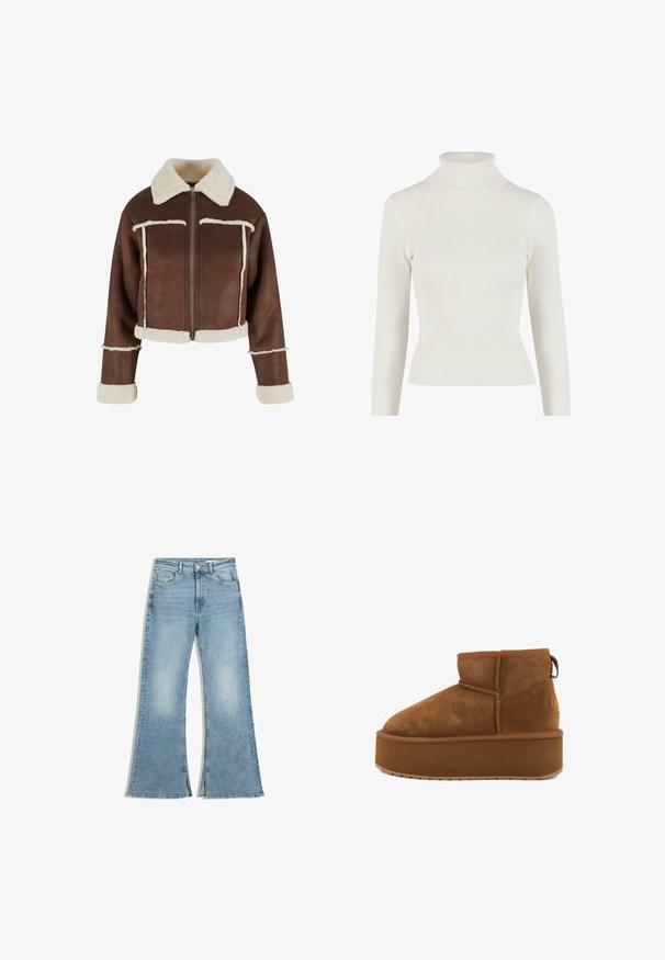 Afskåret brun faux læderjakke med cremet shearlingkrave, lynlås foran og hvide plysforbundne manchetter og kant, prydet med kontraststing.; Hvid ribbet rullekravesweater med lange ærmer og tætsiddende silhuet. Blød tekstur og strækbart materiale for komfort og bevægelsesfrihed.; Lysblå denim flared jeans med høj talje, med fem lommer, subtil fading og sideslids i kanten.; Brune ruskindsankelstøvle med en rund tå og en platformsål. Har en lille hæl og en løkke for nem påtagning. Tekstureret overflade med syningsdetaljer.
