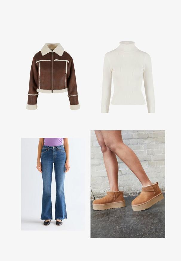 Afskåret brun faux læderjakke med cremet shearlingkrave, lynlås foran og hvide plysforbundne manchetter og kant, prydet med kontraststing.; Hvid ribbet rullekravesweater med lange ærmer og tætsiddende silhuet. Blød tekstur og strækbart materiale for komfort og bevægelsesfrihed.; Kvinde iført blå jeans med høj talje og bootcut, sorte ballet flats og en lilla kortærmet skjorte, står mod en ensartet lys baggrund.; Brune ruskinds ankelsko med en blød foring, tyk beige plattformsål og en bageste løkke. Tekstureret overflade med synlige sømdetaljer.