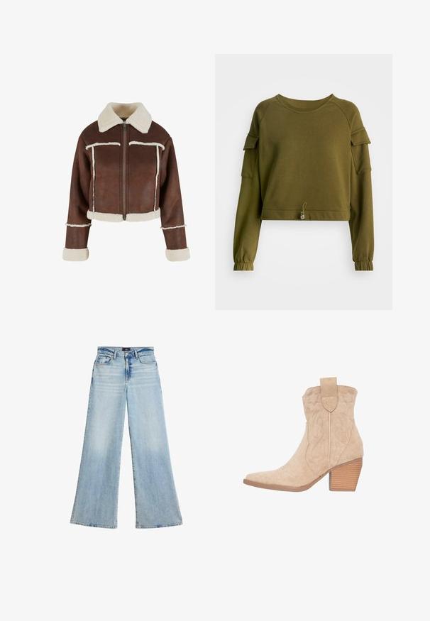Afskåret brun faux læderjakke med cremet shearlingkrave, lynlås foran og hvide plysforbundne manchetter og kant, prydet med kontraststing.; Olivengrøn cropped sweatshirt med lange ærmer, raglan-design, samlede manchetter, skulderdetaljer og snor i kanten med en dekorativ perle.; Lyseblå vidde jeans med høj talje, fem lommer, knaplukning og let falmning på lår og knæ.; Beige ruskinds cowboy støvler med spids tå, dekorativ syning og en stablet hæl. Har en trækflap på bagsiden.