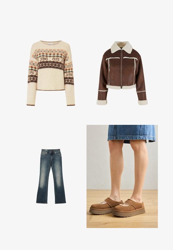 Veste en simili cuir marron avec col en shearling crème, fermeture éclair à l'avant, et poignets et ourlet en fourrure blanche, avec des coutures contrastantes.; Pull crème à manches longues, arborant un motif tricoté géométrique en marron, orange et teal. Encolure ronde et coupe cropped.; Jean en denim bleu avec une jambe légèrement évasée et des zones décolorées sur les cuisses, avec poches avant et passants pour ceinture.; Chaussures à plataforma en suède marron avec un bout arrondi, des découpes, et une semelle robuste, accompagnées d'une jupe en denim dans un cadre au sol en bois.