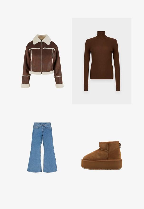 Afskåret brun faux læderjakke med cremet shearlingkrave, lynlås foran og hvide plysforbundne manchetter og kant, prydet med kontraststing.; Brun ribbet rullekravesweater med lange ærmer, der har en høj halsudskæring og en tætsiddende pasform, lavet af et blødt, elastisk materiale.; Blå højtaljede denim jeans med brede flagrende ben, frontknap og lynlås samt fem-lomme design, lagt fladt på hvid baggrund.; Brune ruskindsankelstøvle med en rund tå og en platformsål. Har en lille hæl og en løkke for nem påtagning. Tekstureret overflade med syningsdetaljer.