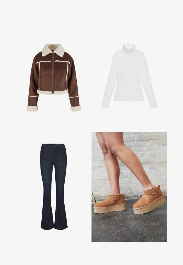 Chaqueta de cuero sintético marrón recortada con cuello de borrego color crema, cierre de cremallera en la parte delantera y puños y dobladillo forrados de piel blanca, con costuras en contraste.; Top blanco de manga larga y cuello alto, confeccionado en una tela suave y elástica. Presenta un diseño ajustado, sin patrones o adornos visibles.; Jeans de mezclilla azul oscuro acampanados con cintura alta, con cinco bolsillos y detalles sutiles de costura. Textura suave con un diseño clásico.; Botas de tobillo de ante marrón con forro suave, suela de plataforma gruesa beige y una lengüeta trasera. Superficie texturizada con detalles de costura visibles.