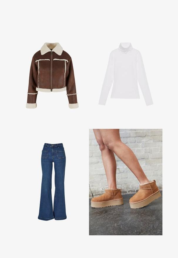Afskåret brun faux læderjakke med cremet shearlingkrave, lynlås foran og hvide plysforbundne manchetter og kant, prydet med kontraststing.; Hvid langærmet turtle-neck top lavet af glat, strækbart stof. Har en høj krave og tætsiddende design, uden synlige mønstre eller udsmykninger.; Blå cowboybukser med høj talje og vide, udvidede ben, forlommer med lapper, bæltestropper og knaplukning.; Brune ruskinds ankelsko med en blød foring, tyk beige plattformsål og en bageste løkke. Tekstureret overflade med synlige sømdetaljer.