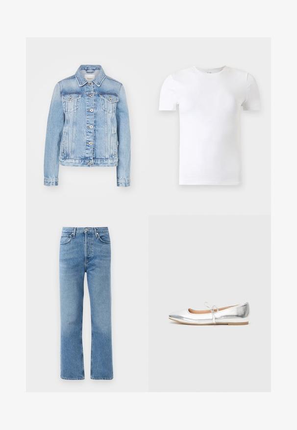 Lyseblå denimjakke med en klassisk krave, frontknapper, to brystlommer og sidelommer med kontrastsyning.; Hvid kortærmet T-shirt med rund hals vist mod en lysegrå baggrund.; Lyseblå denimjeans med lige ben, høj talje, fem lommer og kobberdetaljer. Glat tekstur med en falmet finish.; Sølv flad sko med spids tå, lavet af metallisk syntetisk materiale. Har en tynd strop med en dekorativ sløjfe. Glat tekstur.