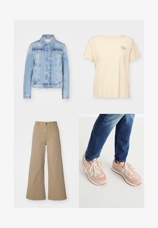 Lyseblå denimjakke med en klassisk krave, frontknapper, to brystlommer og sidelommer med kontrastsyning.; Lys gul T-shirt lavet af bomuld, med en afslappet pasform, korte ærmer og et subtilt gråt "Pepe Jeans" logo på venstre bryst.; Khaki brede bukser lavet af bomuld, med en frontknaplukning, bæltesløjfer og en glat, mat overflade.; Lyserøde sneakers lavet af ruskind og læder, med lyseblå accenter, rund tå og hvide gummisåler. Snørebåndene er beige.