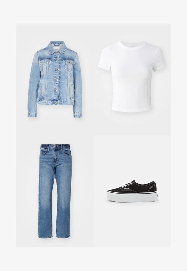 Chaqueta de mezclilla azul claro con cuello clásico, botones frontales, dos bolsillos en el pecho y bolsillos laterales con costuras en contraste.; Camiseta corta de manga corta blanca, con cuello redondo, exhibida sobre un fondo neutral claro.; Vaqueros de pierna recta en azul claro, hechos de mezclilla. Cuentan con cinco bolsillos, un cierre clásico con botón y un ligero desgaste en toda la tela.; Zapatilla de lona negra con suela de plataforma de goma blanca, que presenta cordones y costuras blancas, con branding icónico en el lateral, diseño de corte bajo.