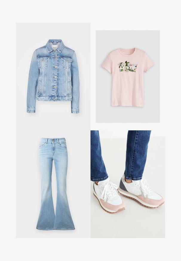 Lyseblå denimjakke med en klassisk krave, frontknapper, to brystlommer og sidelommer med kontrastsyning.; Lyserød bomulds T-shirt med blomsterdesign og hvid tekst "Levi's" på brystet samt rund halsudskæring. Korte ærmer.; Lyseblå flagrende jeans lavet af denim. Har høj talje med to knapper og let blegning mod kanten. Klassisk fem-lomme design.; Hvide og lyserøde sneakers med grå accenter, der har en overdel i ruskind og mesh, gummisål og runde snørebånd.