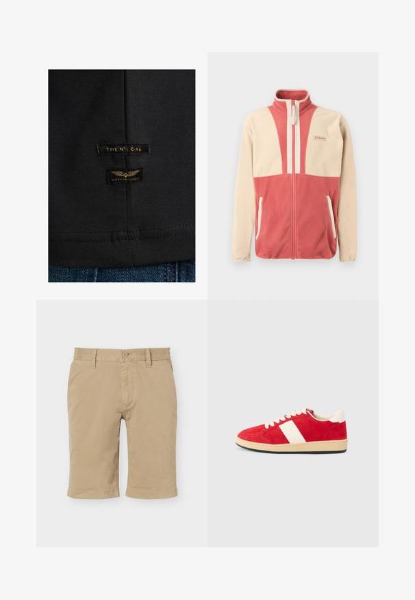 Beige-rosa Fleece-Jacke mit Reißverschluss, hohem Kragen und zwei Fronttaschen, mit kleinem Logo auf der Brust.; Schwarzes Baumwoll-T-Shirt mit zwei Etiketten: "TYP N°: C-46" und "AMERICAN CLASSIC" in goldener Schrift und Wing-Grafik. Genähte Saumdetails.; Beige Baumwoll-Shorts knielang mit Knopf- und Reißverschluss, Gürtelschlaufen und Seitentaschen auf weißem Hintergrund.; Rote Wildledersneaker mit weißem Lederstreifen, Schnürung vorne, runder Zehenform, beiger Zwischensohle und schwarzer Gummisohle.