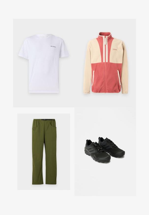 Beige-rosa Fleece-Jacke mit Reißverschluss, hohem Kragen und zwei Fronttaschen, mit kleinem Logo auf der Brust.; Weißes Baumwoll-T-Shirt mit kurzen Ärmeln, versehen mit einem kleinen schwarzen Columbia-Logo auf der linken Brustseite. Klassischer Rundhalsausschnitt.; Olivgrüne gerade geschnittene Hose mit elastischem Bund und schwarzem verstellbarem Schnallen-Gürtel, Vorder- und Seitentaschen, Details in der vorderen Naht.; Schwarze Sportschuhe mit strukturiertem Obermaterial, strapazierfähiger Gummisohle und dezenten reflektierenden Akzenten; verfügen über ein Schnürsystem für einen sicheren Halt.