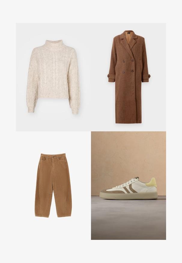 Lang brun dobbeltbrystet uldfrakke med skrå hørmønster, slagkraver, knaplukning ved ærmerne og sidelommer.; Cremefarvet cropped sweater med høj hals, der har et tekstureret kabelstrikket mønster og lange, let puffede ærmer.; Brune bredbenede bukser i kordfløjl med en tekstureret finish, der har to forlommer og en knaplukning ved linningen.; Hvid og tan sneakers med en gul hælkant, der har ruskind og glatte læderteksturer, flade snørebånd og en gummisål.