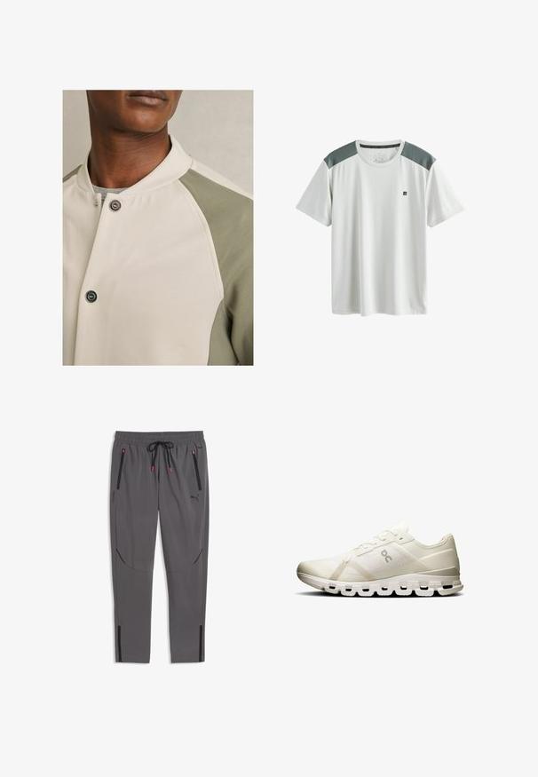 Veste beige clair avec des manches raglan vert olive, fermeture à bouton-pression et texture douce ; détails de couture subtils le long des coutures.; T-shirt de sport blanc à manches courtes avec des panneaux en mesh gris sur les épaules et un petit logo noir sur le côté gauche de la poitrine.; Pantalon de sport gris Puma avec ceinture élastique, cordon noir, poches avant zippées et fermetures éclair aux chevilles.; Baskets de sport blanches avec un dessus en mesh respirant, au design minimaliste, dotées d'une semelle rembourrée avec des découpes allongées pour un meilleur soutien.