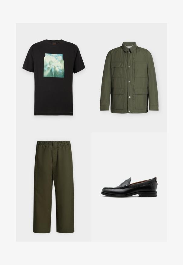 Veste légère verte avec fermeture à boutons, quatre poches frontales et un col court, présentée sur un fond uni.; T-shirt en coton noir avec un motif graphique représentant un paysage bleu et vert, incluant des arbres et des nuages, centré sur le devant.; Pantalon vert foncé à coupe ample avec taille élastique, jambes droites et sans poches ni ornements visibles, présenté sur un fond uni.; Mocassin homme en cuir noir avec couture moc toe, bride penny, col texturé et petit talon empilé sur fond blanc.
