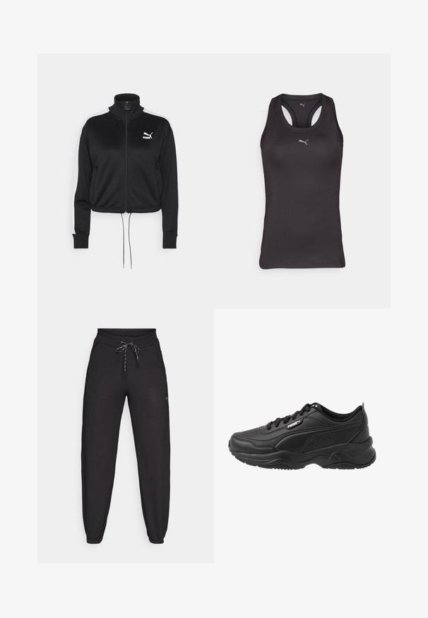 Veste zippée noire avec col montant, bandes latérales blanches, ourlet avec cordon de serrage et petit logo Puma blanc sur la poitrine gauche. Texture de tissu douce.; Débardeur de sport noir avec un dos nageur, fabriqué en tissu lisse, présentant un petit logo gris au centre à l'avant.; Pantalons de jogging noirs en matériau doux et extensible, avec une taille à cordon de serrage, des poches latérales et des poignets resserrés aux chevilles.; Chaussures de sport noires en cuir lisse, avec un col rembourré, un bout rond, des lacets et le logo Puma sur le côté.