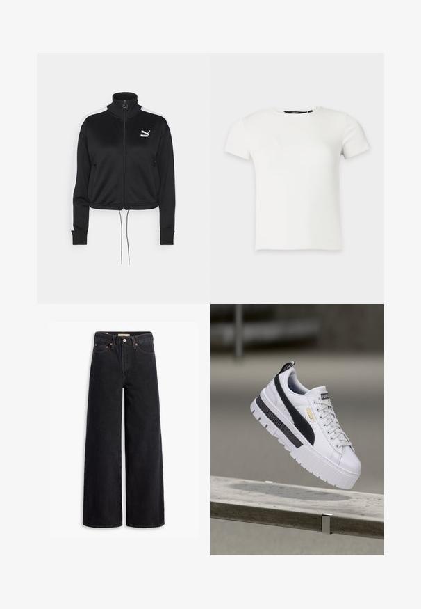 Veste zippée noire avec col montant, bandes latérales blanches, ourlet avec cordon de serrage et petit logo Puma blanc sur la poitrine gauche. Texture de tissu douce.; T-shirt blanc à manches courtes en maille côtelée avec col rond, présenté sur un fond uni gris clair.; Jean noir à jambe large en denim, comportant cinq poches, des rivets en laiton et une fermeture à bouton classique. Texture lisse avec un design épuré.; Baskets à plateforme blanches Puma avec bande noire et logo doré, flottant au-dessus d'un banc en béton en extérieur.