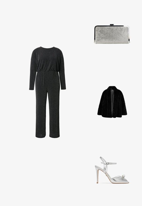 Sort kunstpelsfrakke med sjalskrave, åben front og langeærmer. Teksturen er blød og fyldig, hvilket tilføjer varme og komfort.; Sort jumpsuit lavet af et struktureret, glitrende stof, med lange ærmer, rund halsudskæring, elastisk talje og vide benåbninger.; Sølv højhælet sandal med ankelremsspænde, åben tå og dekorativ stor perle foran.; Rektangulær sølv clutch taske dækket af små rhinsten med en skinnende metallisk ramme og lås i toppen.