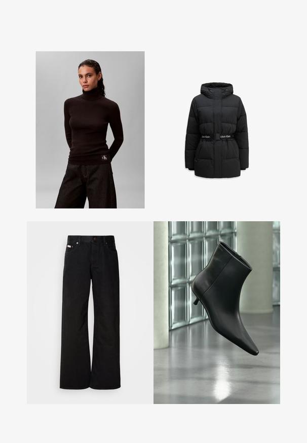 Sort polstret vinterjakke med hætte, frontlynlås, sidelommer og et sort bælte med hvid Calvin Klein-logo fastgjort i taljen.; Kvinde med mørkt hår iført en sort ribbet rullekravesweater og mørke, vidde bukser mod en ensfarvet grå baggrund.; Sorte breddebenede jeans lavet af bomuld. Har forlommer, en knaplukning og en klassisk denimtekstur. Minimalistisk design uden mønstre.; Sort læderankelstøvle med spids tå og lav kitten-hæ, vist vinklet mod en poleret gulv- og glasblokvæg.