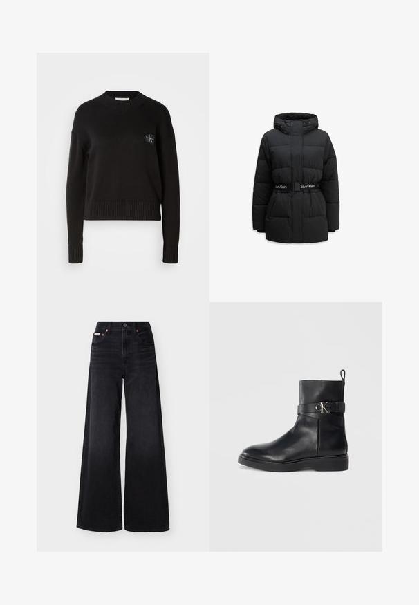 Sort polstret vinterjakke med hætte, frontlynlås, sidelommer og et sort bælte med hvid Calvin Klein-logo fastgjort i taljen.; Sort strikket sweater med rund hals, ribbede manchetter og kant. Har et lille firkantet logo-patch på venstre bryst. Casual fit.; Sorte jeans med vide ben, høj talje, forreste knap og lynlås, bæltestropper og femlommedesign.; Sort læder ankelstøvle med flad sål, der har en sidelås og detalje med sølvfarvet CK-logo. Glat overflade og strømlinet design.
