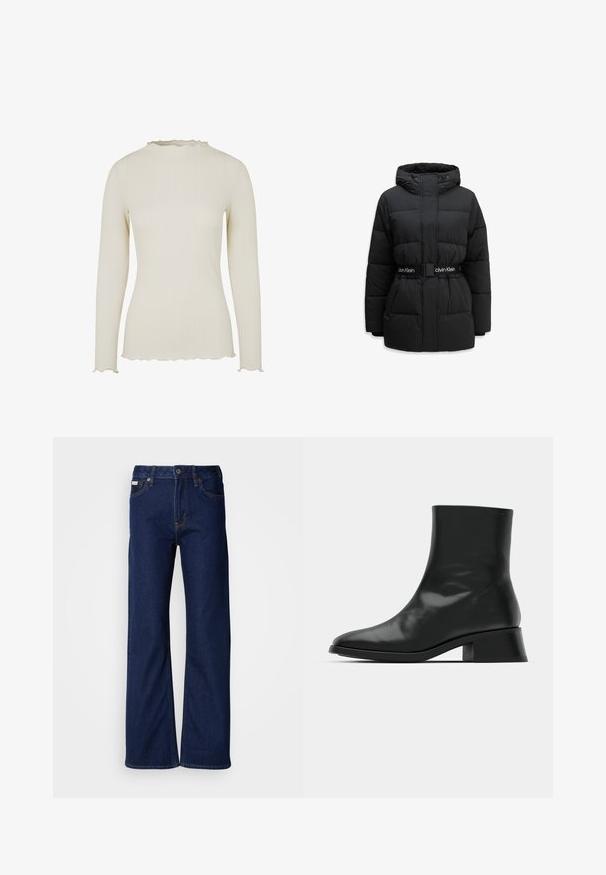 Veste d'hiver matelassée noire avec capuche, fermeture éclair devant, poches latérales et ceinture noire avec logo blanc Calvin Klein fixée à la taille.; T-shirt à manches longues en tissu côtelé crème clair avec une finition texturée. Dispose d'un décolleté et d'un ourlet à volants pour un détail supplémentaire.; Jeans en denim bleu foncé avec un design à jambes larges, une coupe droite, cinq poches et une fermeture éclair à l'avant. Détails de surpiqûres le long des coutures.; Bottine noire en cuir brillant, au design épuré, avec un bout pointu et un petit talon bloc pour plus de stabilité.