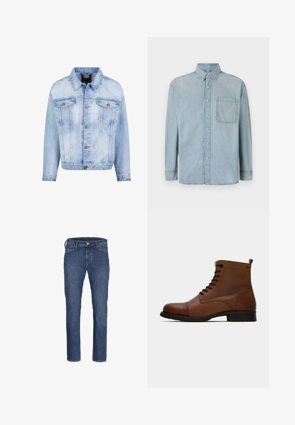 Hellblaues Jeansjacke mit durchgehender Knopfleiste, zwei Brusttaschen und langen Ärmeln. Verfügt über einen verblassten Textur und goldfarbene Metallakzente.; Hellblaue Denim-Hemd mit langen Ärmeln, Knopfleiste und einer einzelnen Brusttasche. Verfügt über einen klassischen Kragen und Standardmanschetten.; Herren Jeans aus blauem Denim mit geradem Bein, fünf Taschen und klassischem Knopf- und Reißverschluss.; Jack & Jones JFWSHAUN BOOT - Schnürstiefelette - cognac