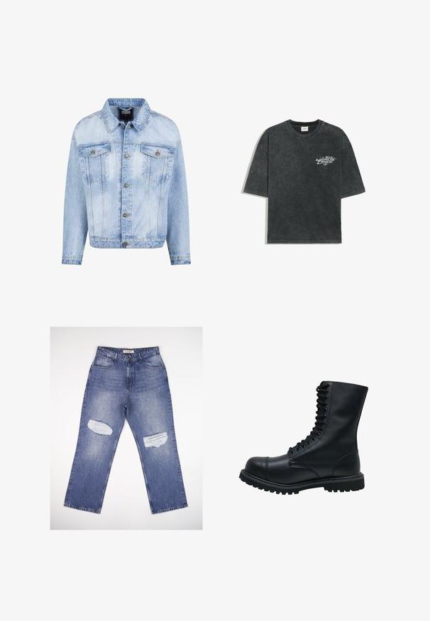 Lyseblå denimjakke med knaplukning foran, to brystlommer og lange ærmer. Har en falmet tekstur og guldfarvede metal detaljer.; Sort falmet t-shirt med korte ærmer, rund hals og lille hvid flamme-lignende grafisk tekst på venstre bryst.; Lyseblå denimjeans med høj talje, lige ben og to slidte pletter foran. Klassisk design med fem lommer.; Sort læder snørebåndsstøvle med rund tå, høj skaft, tyk gummisål og struktureret overflade. Har forstærket syning langs sømmene.