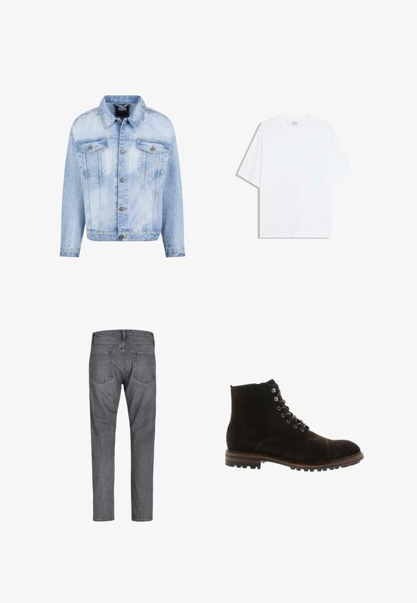 Lyseblå denimjakke med knaplukning foran, to brystlommer og lange ærmer. Har en falmet tekstur og guldfarvede metal detaljer.; Hvid oversized bomulds t-shirt med rund hals og korte ærmer; glat tekstur, uden synlige mønstre eller accenter.; Mørkegrå denim jeans med lige ben set bagfra med to baglommer og synlige syninger langs sømmene.; Blackstone Snørestøvletter - brown