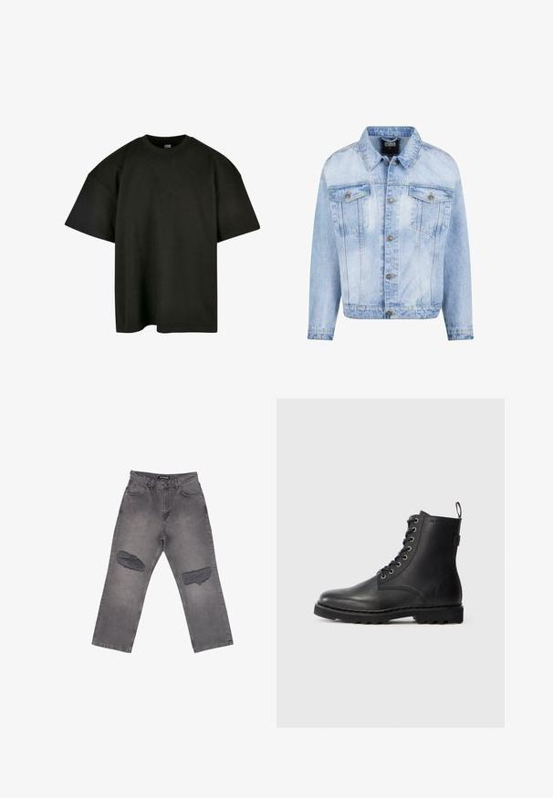 Lyseblå denimjakke med knaplukning foran, to brystlommer og lange ærmer. Har en falmet tekstur og guldfarvede metal detaljer.; Sort oversized t-shirt i blød bomuld. Har en rund crew neckline og korte ærmer, med en glat tekstur og minimalistisk design.; Grå denimjeans med høj talje, vide ben og store slidte pletter på begge knæ, med forlommer og bæltestropper.; Sort læder ankelstøvle med rund tå, snøredesign og metaløjer. Har en tekstureret sål og en pull-tab ved hælen for nem påtagning.