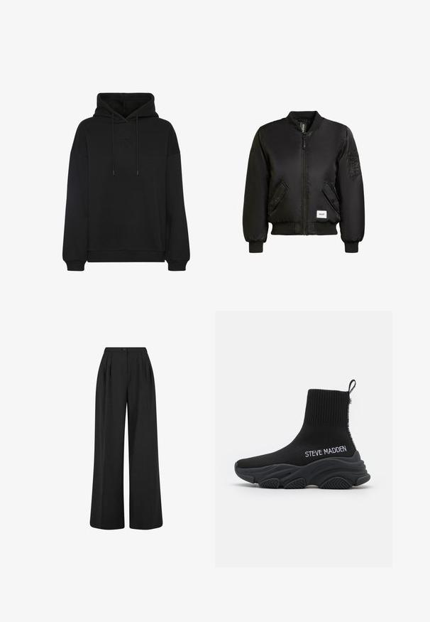 Sort bomberjakke lavet af glat, polstret stof. Har en lynlåslukning, to skrå frontlommer og en lynlåslomme på ærmet.; Sort hoodie med en stor frontlomme, med en tonal broderet logo på brystet, snoretræk i hætten og ribbede muffer og kant.; Sort højtaljede bukser med vide ben, forreste plisseringer, knaplukning i taljen og en glat stoffinish.; Sort sneaker med en ribbet strikket overdel og en polstret sort sål. Har hvid "STEVE MADDEN" branding på siden. Fleksibelt og slankt design.