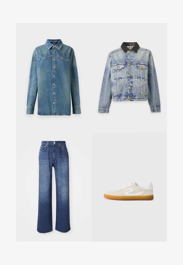 Lichtblauwe spijkerjas met gouden knopen, twee borstzakken en een contrasterende donkerbruine leren kraag.; Blauwe denim overhemd met lange mouwen, drukknoopsluiting, puntige kraag en strass-details langs de schouderpas en kraagranden.; Wijd-uitlopende blauwe spijkerbroek met een hoge taille, vijf zakken en een zilveren knoopsluiting. De stof heeft een gladde textuur met subtiele vervaging.; Beige suède sneakers met witte leren accenten, een gumrubberen zool en een ronde neus. Kenmerkt zich door een opvallend swoosh-ontwerp aan de zijkant.