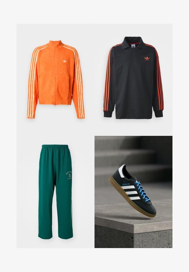Orangene, flauschige Zip-Jacke mit hohem Kragen, die drei weiße Streifen an jedem Ärmel und ein kleines weißes Logo auf der Brust aufweist.; Schwarzes Langarm-Polo mit Kragen, das rote Streifen an den Ärmeln und ein kleines rotes Logo auf der Brust trägt. Glatte Stoffstruktur.; Grüne Sporthose aus glattem Stoff, mit elastischem Bund, Logo-Druck auf einer Seite und weißen Seitennähten. Normale Passform.; Schwarzer Adidas-Sneaker mit weißen Streifen, blauen Schnürsenkeln und Gummisohle, der über einer grauen Betontreppe im weichen Licht schwebt.