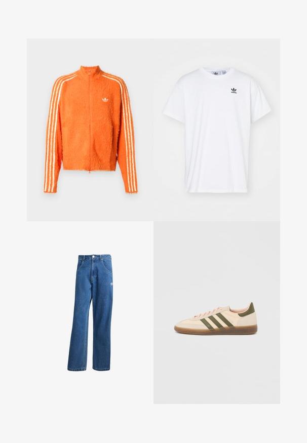 Oranžová chlpová bunda na zips s vysokým golierom, ktorá má tri biele pruhy na každom rukáve a malé biele logo na hrudi.; Biela bavlnená tričko s krátkymi rukávmi, okrúhlym výstrihom a čiernym logom Adidas s tromi pruhmi na ľavej hrudi.; Modré riflové nohavice s vysokým pásom a širokým strihom, s prednými vreckami, pútkami na opasok, zapínaním na gombík a malým logom Adidas na pravej stehne.; Nízky béžový tenisky Adidas Spezial so zelenými pruhmi, gumovou podrážkou a nápisom „SPEZIAL“ na boku, zobrazené z vonkajšej strany.