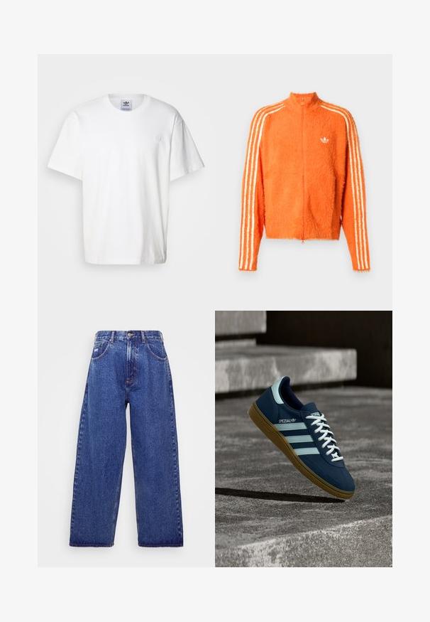 Chaqueta naranja suave con cremallera y cuello alto, con tres franjas blancas en cada manga y un pequeño logo blanco en el pecho.; Camiseta de algodón blanca con cuello redondo y mangas cortas. Presenta un pequeño logotipo bordado en el pecho. Diseño simple y clásico.; Jeans de denim azul de pernera ancha con una cintura alta, que cuentan con cinco bolsillos, un cierre de botón y un ligero desgastado para dar textura.; Zapatilla azul Adidas Spezial con rayas y cordones blancos, suela de goma, flotando sobre una superficie de hormigón rugosa y escaleras de fondo.