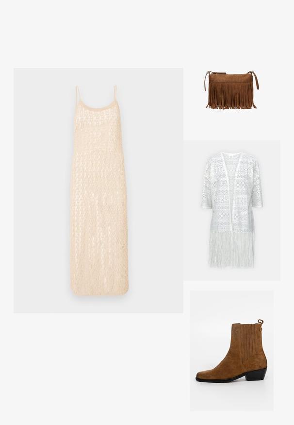 Hvid blonde cardigan med indviklede mønstre, åben front, korte ærmer og frynse detaljer ved kanten.; Strikket kjole med en lys beige farve, spaghetti stropper og et åbent hækle mønster. Midt-længde med en løs pasform.; Brun ruskind ankelstøvle med elastiske sidepaneler, en træktap bagpå og en lav sort hæl.; Brun ruskind crossbody taske med lange frynser og lynlåslukning på hvid baggrund.