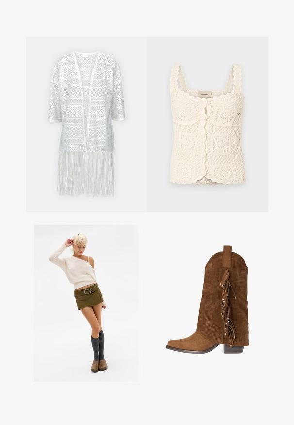 Hvid blonde cardigan med indviklede mønstre, åben front, korte ærmer og frynse detaljer ved kanten.; Creme hæklet top med bølgede kanter og firkantede motiver. Har justerbare stropper og knaplukning. Fremstillet af struktureret, letvægtsstof.; Kvinde med kort blond hår iført en cremefarvet off-shoulder sweater, grøn mini-nederdel med bælte, knæhøje grå sokker og brune klipklappere, der poserer.; Brun ruskindsstøvle til midt på læggen i westernstil med perforeret design, sidefringe dekoreret med små metalnitter og en lav stakket hæl.