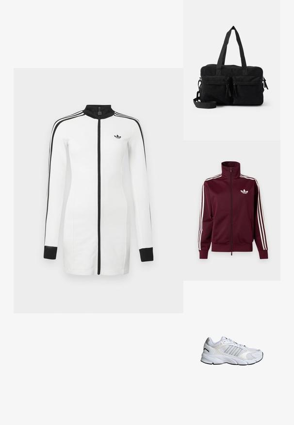 Chaqueta deportiva burdeos con cremallera, logo blanco de Adidas en el pecho y tres franjas blancas que recorren cada manga y los puños.; Chaqueta blanca con cremallera y detalles en negro, con mangas largas, cuello alto, logotipo de adidas y tres rayas negras en cada hombro.; Zapato deportivo blanco con malla transpirable y materiales sintéticos, tres franjas plateadas, suela de caucho texturizada y cuello acolchado.; Bolso de pana negro con doble asa superior, correa de hombro extraíble, dos bolsillos frontales con cremalleras de borlas y textura acanalada.