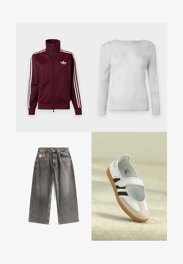 Donkerrode trainingsjas met rits, voorzien van een wit Adidas-logo op de borst en drie witte strepen die langs elke mouw en manchetten lopen.; Zilveren longsleeve top met ribbelstructuur en golfpatronen, met een ronde halslijn en zachte stof. Etiket zichtbaar aan de binnenzijde van de hals.; Wijde jeans in vervaagd zwart denim met een voorste knoopsluiting, vijf zakken en een klein rood-wit label op de achterkant van de zak.; Witte schoen met een roze suède neus, zwarte strepen en een klittenbandsluiting. Heeft een tan rubberen zool en een logo aan de zijkant.