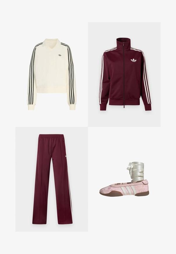 Vinrød lynlåstræningstrøje med hvid Adidas-logo på brystet og tre hvide striber ned langs hver ærme og manchetter.; Creme farvet pullover med v-hals, lange ærmer, sorte striber langs armene og et lille sort logo på brystet. Fremstillet af blødt stof.; Bordeaux løbebukser med elastisk taljebånd, sidelommer med lynlås, hvide sidelommer og et lille hvidt Adidas-logo på højre lår.; Lyserød balletsko med blomstermønster, hvide læderdetaljer og tre hvide striber. Har en blød sål og bånd til snøring.