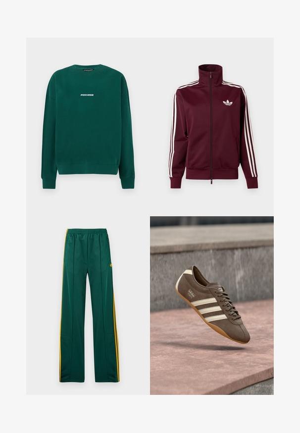 Hnedočervená športová bunda na zips s bielym logom Adidas na hrudi a tromi bielymi pásmi vedúcimi po celej dĺžke rukávov a manžiet.; Zelená mikina vyrobená z bavlny, s okrúhlym výstrihom, ribbovanými manžetami a bielym logom "PEGADOR" naprieč hrudníkom.; Zelené športové nohavice so žltými bočnými pruhmi, elastickým pásom a dvoma bočnými vreckami. Vyrobené z hladkého, ľahkého materiálu.; Hnedá semišová teniska s bielymi pruhmi a logom, so zaoblenou špičkou a podrážkou z gumy farby gumy, zavesená nad štruktúrovaným povrchom.
