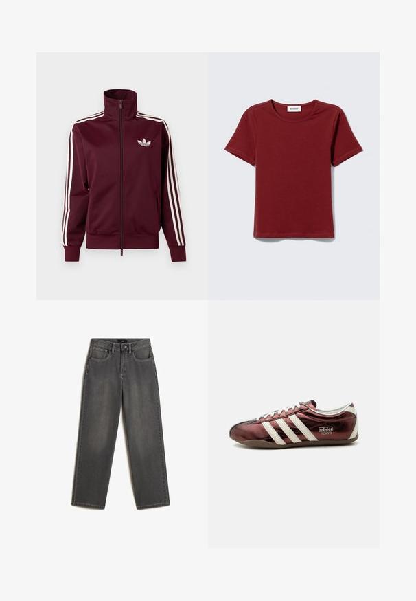 Vinrød lynlåstræningstrøje med hvid Adidas-logo på brystet og tre hvide striber ned langs hver ærme og manchetter.; Kortærmet, oxrød T-shirt med rund hals og et "WEEKDAY" mærke på indersiden af nakken, lagt fladt på en lysgrå baggrund.; Grå vidde jeans lavet af denim. Har fem lommer, en frontknap og lynlås lukning, samt subtil fading på stoffet.; Lavprofileret metallisk burgundy Adidas sneaker med hvide striber, snørebånd og "Adidas Tokyo" mærkning på siden.