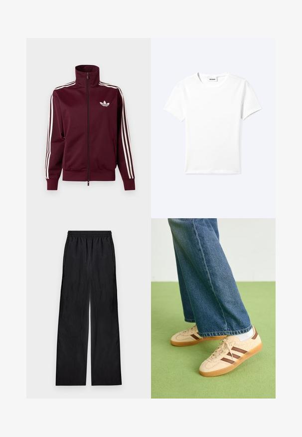 Vinrød lynlåstræningstrøje med hvid Adidas-logo på brystet og tre hvide striber ned langs hver ærme og manchetter.; Ensfarvet hvid t-shirt med korte ærmer og rund halsudskæring med en lille "WEEKDAY" label indeni halskanten, vist fladt på en lys baggrund.; Sorte bukser med vide ben og elastik i taljen, lavet af letvægtsstof, vist fladt på en lys baggrund.; Beige sneakers med teksturerede cremefarvede paneler og brune striber, parret med blå denim jeans. Jeansene har brede ben og en frynset kant.