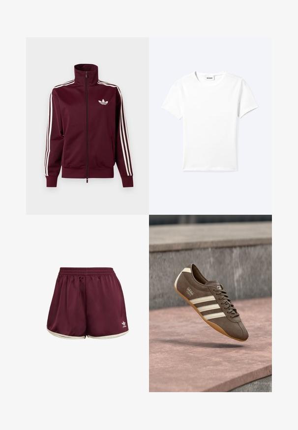 Donkerrode trainingsjas met rits, voorzien van een wit Adidas-logo op de borst en drie witte strepen die langs elke mouw en manchetten lopen.; Effen wit T-shirt met korte mouwen en ronde hals met een klein "WEEKDAY" label aan de binnenkant van de hals, plat neergelegd op een lichte achtergrond.; adidas Originals SPRINTER - Shorts - maroon cream white; Bruine suède sneaker met witte strepen en merklogo's, voorzien van een ronde neus en een zool van tandgumrubber, zwevend boven een getextureerd oppervlak.