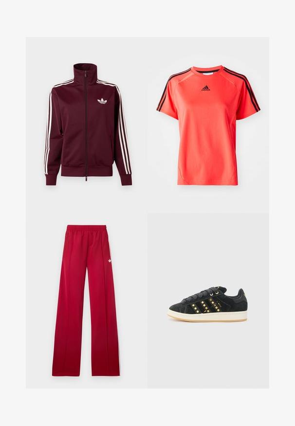 Chaqueta deportiva burdeos con cremallera, logo blanco de Adidas en el pecho y tres franjas blancas que recorren cada manga y los puños.; Camiseta deportiva de manga corta en un brillante color coral, fabricada con un tejido ligero. Presenta el logo de Adidas en negro y tres rayas negras en cada hombro.; Pantalones deportivos rojos de pierna ancha con cinturilla elástica, bolsillos laterales con cremallera, rayas blancas a los lados y pequeño logo blanco en el muslo izquierdo.; adidas Originals CAMPUS 00S W - Zapatillas - core black/carbon/gold-coloured