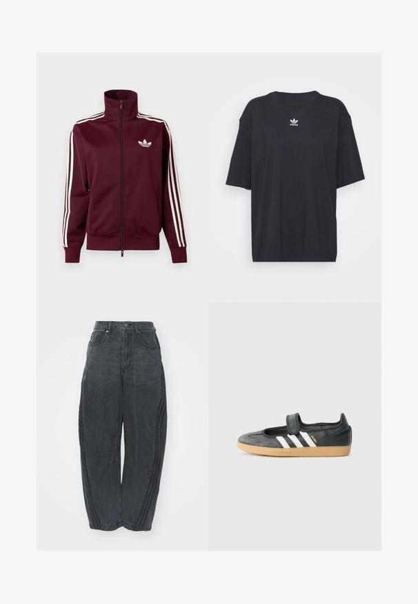 Hnedočervená športová bunda na zips s bielym logom Adidas na hrudi a tromi bielymi pásmi vedúcimi po celej dĺžke rukávov a manžiet.; Čierne bavlnené tričko s krátkymi rukávmi, okrúhlym výstrihom, na hrudi s bielym logom Adidas. Jednoduchý dizajn, voľný strih.; Voľné čierne denimové džínsy so zosušeným povrchom, piatimi vreckami, zapínaním na gombík v páse a prešívaním na prednej strane a po stranách.; Čierne kožené a zamšové tenisky s Velcro pásikom, s tromi bielymi pruhmi a gumenou podrážkou, označené nápisom "SAMBA" na boku.
