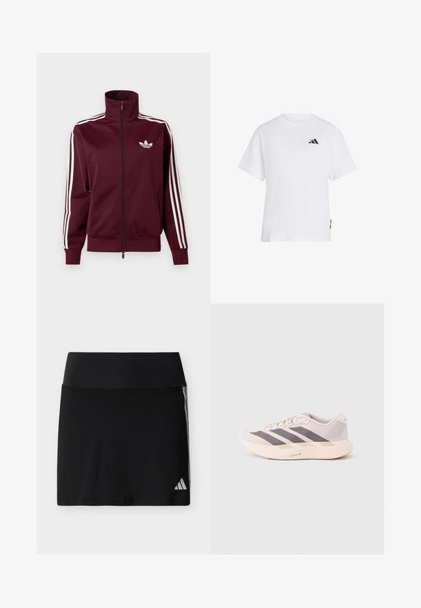 Donkerrode trainingsjas met rits, voorzien van een wit Adidas-logo op de borst en drie witte strepen die langs elke mouw en manchetten lopen.; Wit T-shirt met korte mouwen met klein zwart Adidas-logo en rood hartendetail op de bovenste linkerborst.; Zwarte sportieve rok met brede tailleband, subtiele zijstrepen en een klein Adidas-logo op de onderste rechterzoom.; Lichtgewicht sportieve sneakers in lichtroze en grijs, met een bovenwerk van mesh, drie donkere strepen, en een dikke crèmekleurige zool met het opschrift "LIGHTSTRIKE PRO".