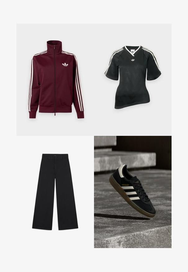 Chaqueta deportiva burdeos con cremallera, logo blanco de Adidas en el pecho y tres franjas blancas que recorren cada manga y los puños.; Camiseta deportiva negra con escote en V, mangas cortas y patrón de cheurón texturizado. Presenta detalles de tres franjas blancas en los hombros y logo.; Pantalones anchos negros hechos de una suave tela tejida. Presentan pliegues marcados, trabillas para el cinturón y un acabado limpio y ajustado.; Zapatilla negra de Adidas con rayas blancas y suela de goma flotando sobre escalones de concreto gris a la luz natural.